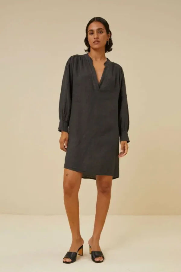 resa linen dress | jet black-By bar Outlet