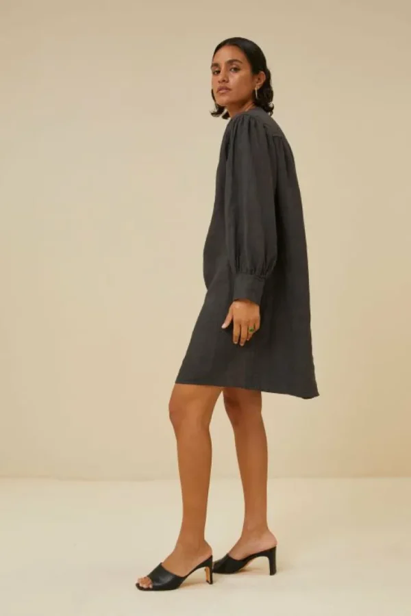 resa linen dress | jet black-By bar Outlet